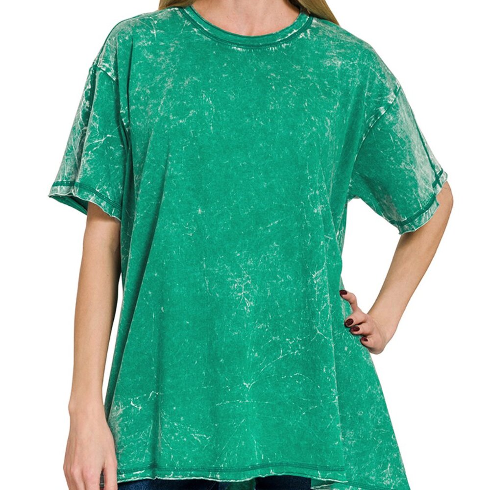 Zenana Crinkle Washed Cotton Drop Shoulder Oversized Hi Low Short Sleeve Top